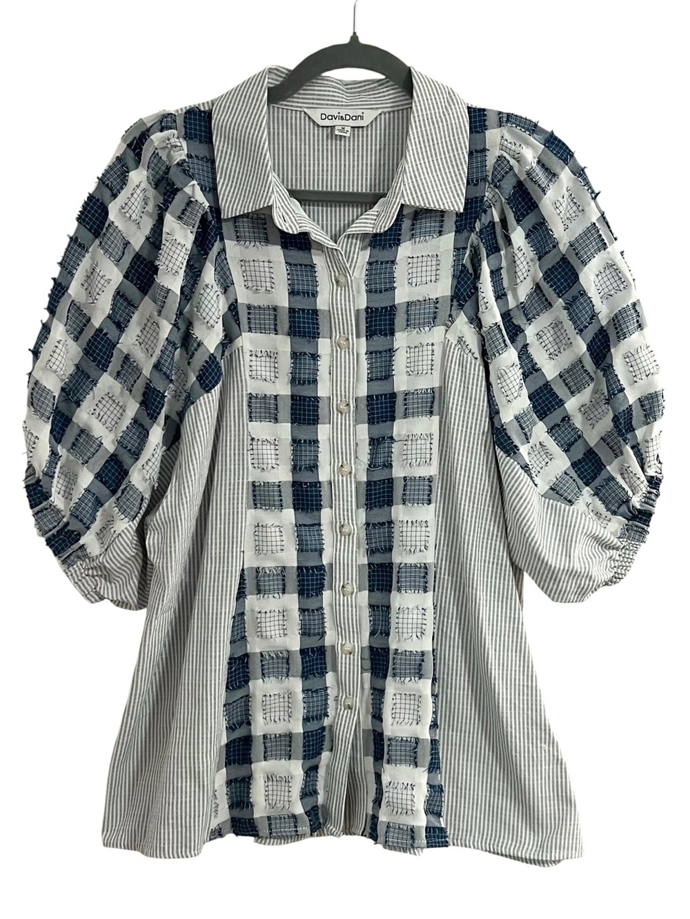 DAVI & DANI Mixed Media Striped with Checked Plaid Puff-Sleeve Blouse